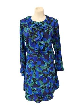 IMNYC Long-Sleeve Blue & Green Floral Ruffle-Neck Dress Size M